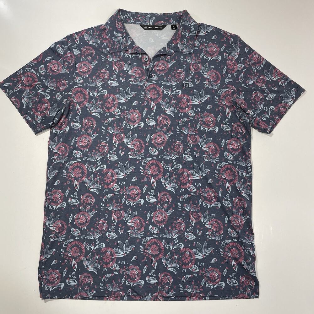 Travis Mathew Mens Large Polo Shirt Burgundy Grey Geometric Floral Golf